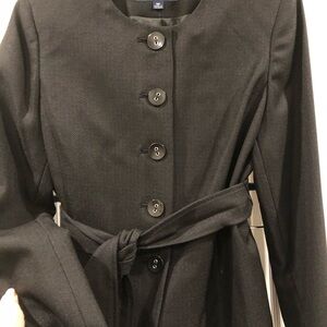 Black Button-Up Coat with Belt and pants.